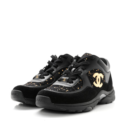 Chanel Velour Tweed CC Sneakers 35.5 Black Gold 3 of 9