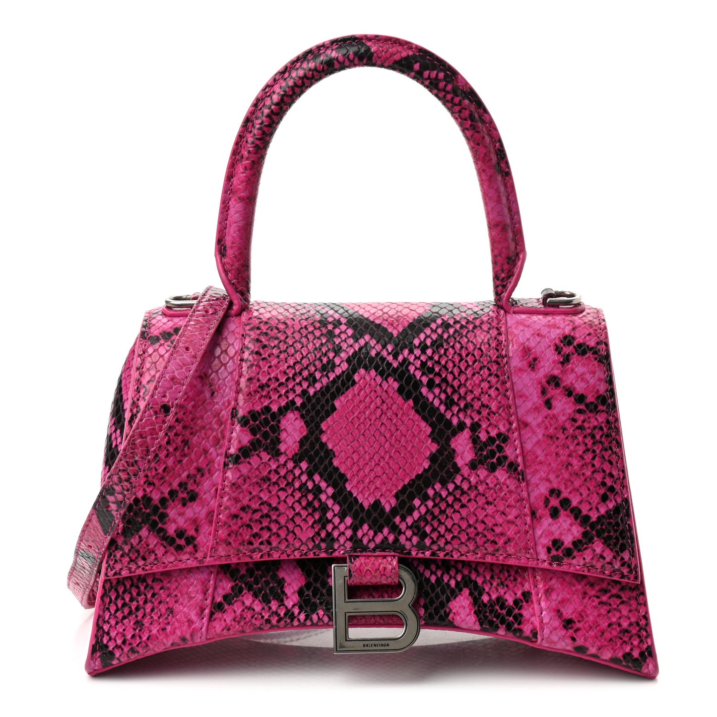 Shiny Calfskin Python Effect Small Hourglass Top Handle Bag Fuchsia Black