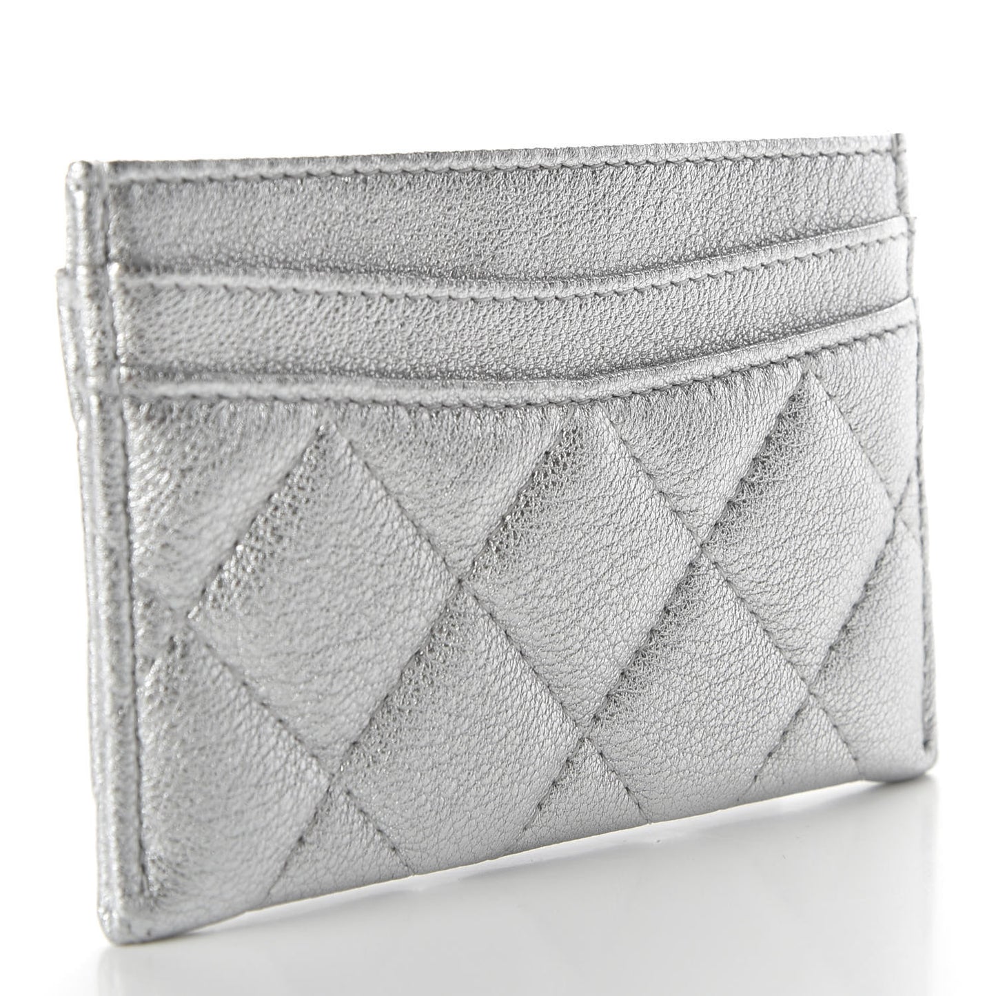 Metallic Lambskin Quilted Card Holder Silver