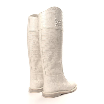 Fendi Calfskin Crocodile Embossed Karligraphy Logo Riding Boots 37 White 4 of 7