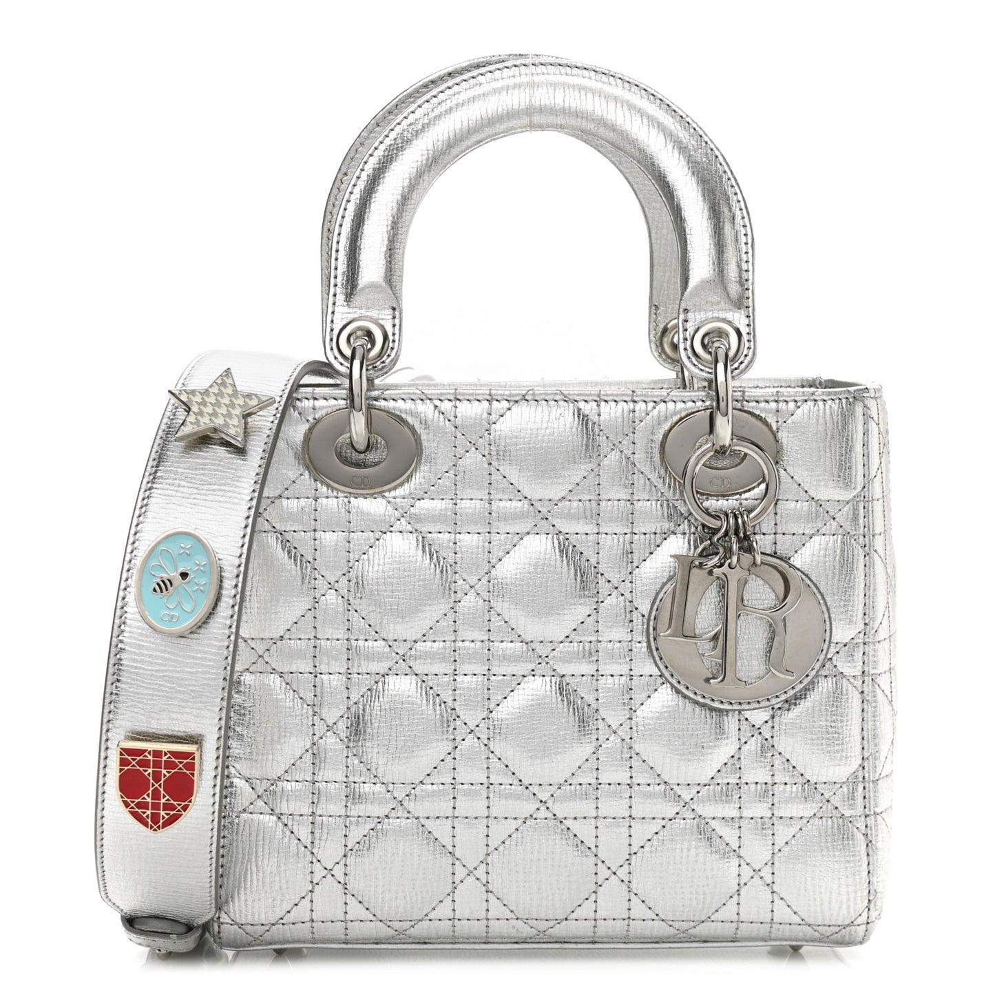 Metallic Grained Calfskin Cannage Small Lucky Badges My Lady Dior Silver