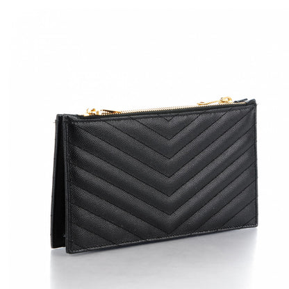 Saint Laurent Grain De Poudre Matelasse Chevron Monogram Double Zip Wallet Black 3 of 7