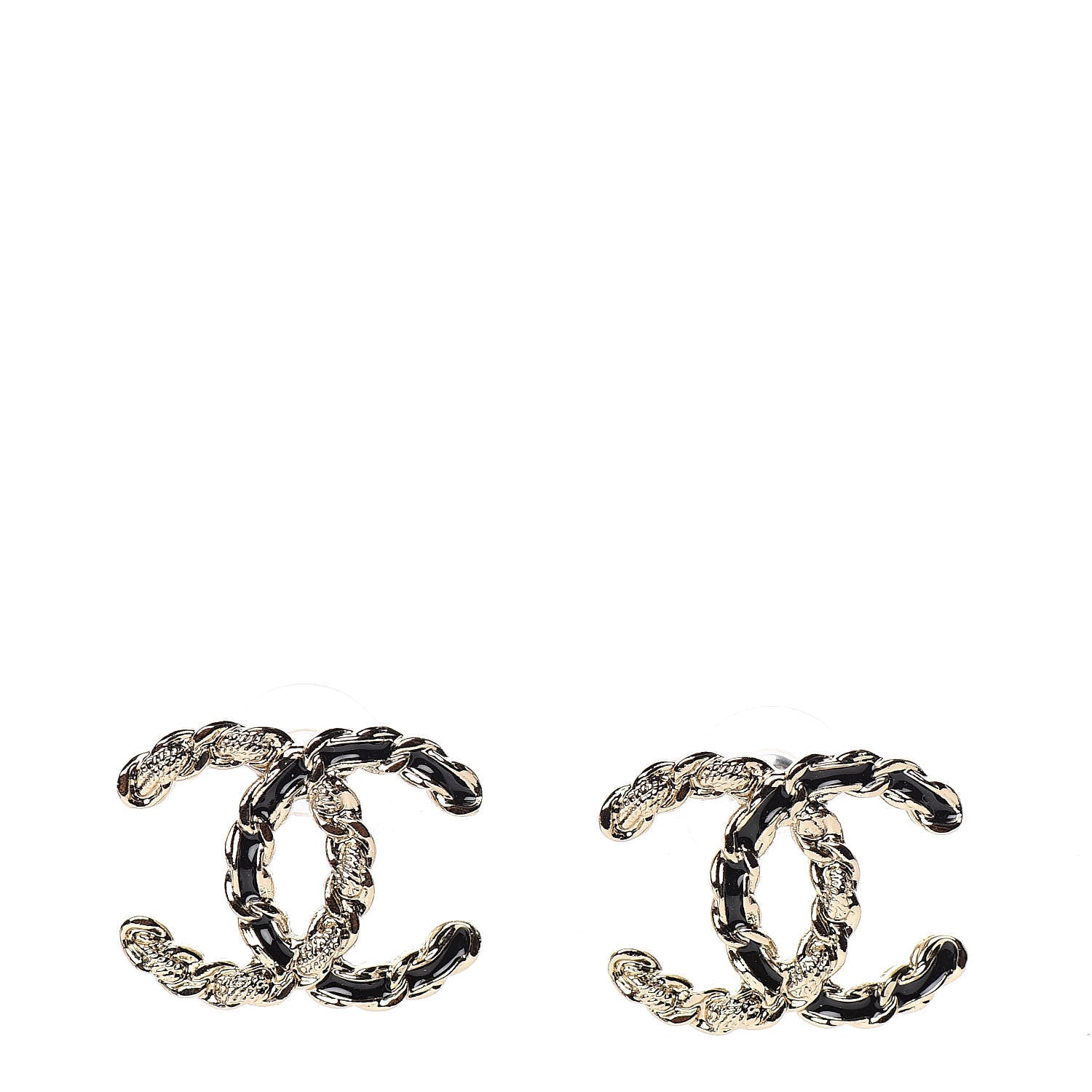 Chanel Enamel Metal Chain French New Wave CC Earrings Black Gold 1 of 5