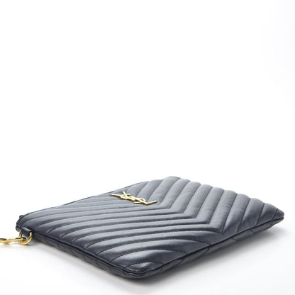 Saint Laurent Calfskin Matelasse Chevron Monogram A5 Wristlet Deep Marine 3 of 9