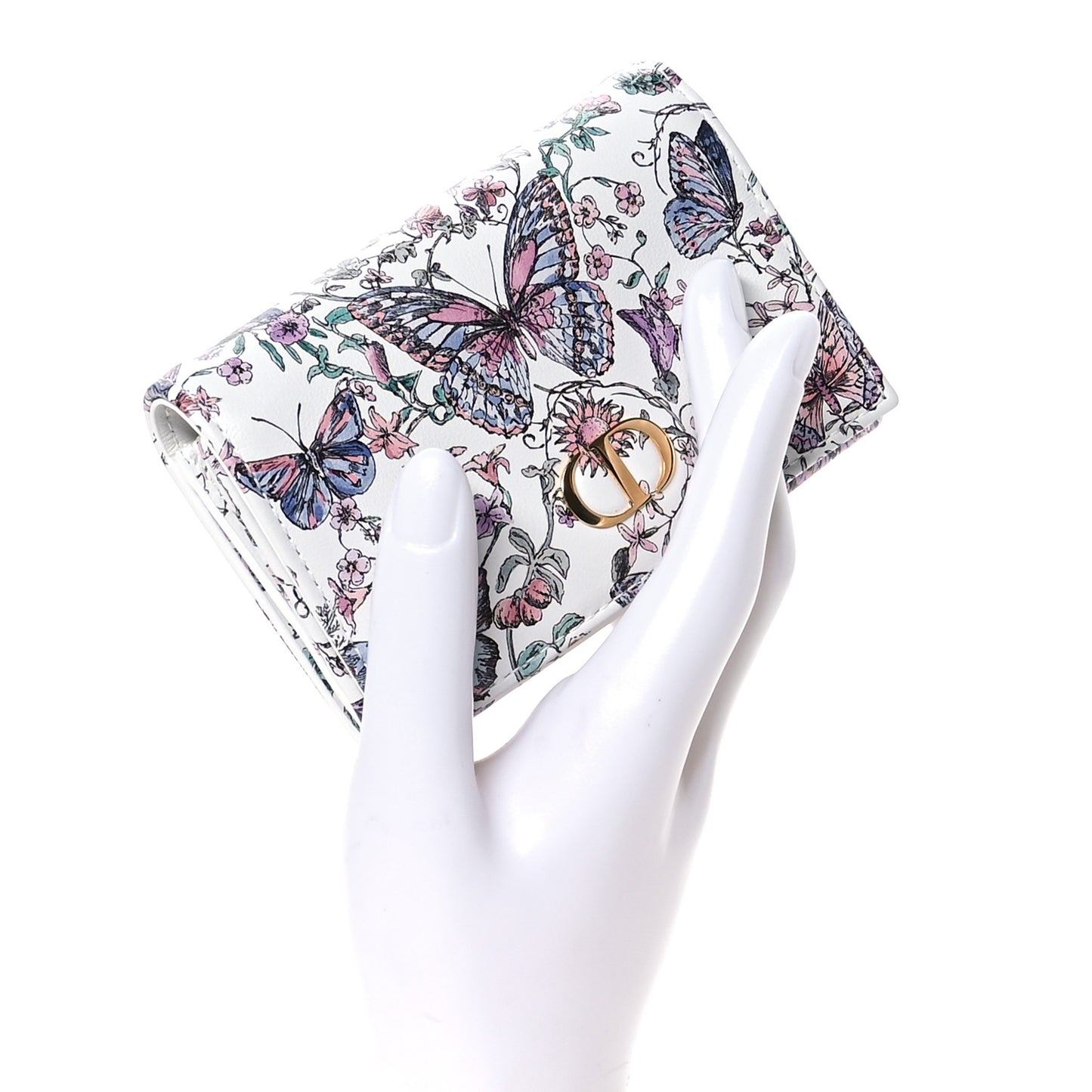Calfskin Butterfly Printed Caro XS Wallet White Multicolor