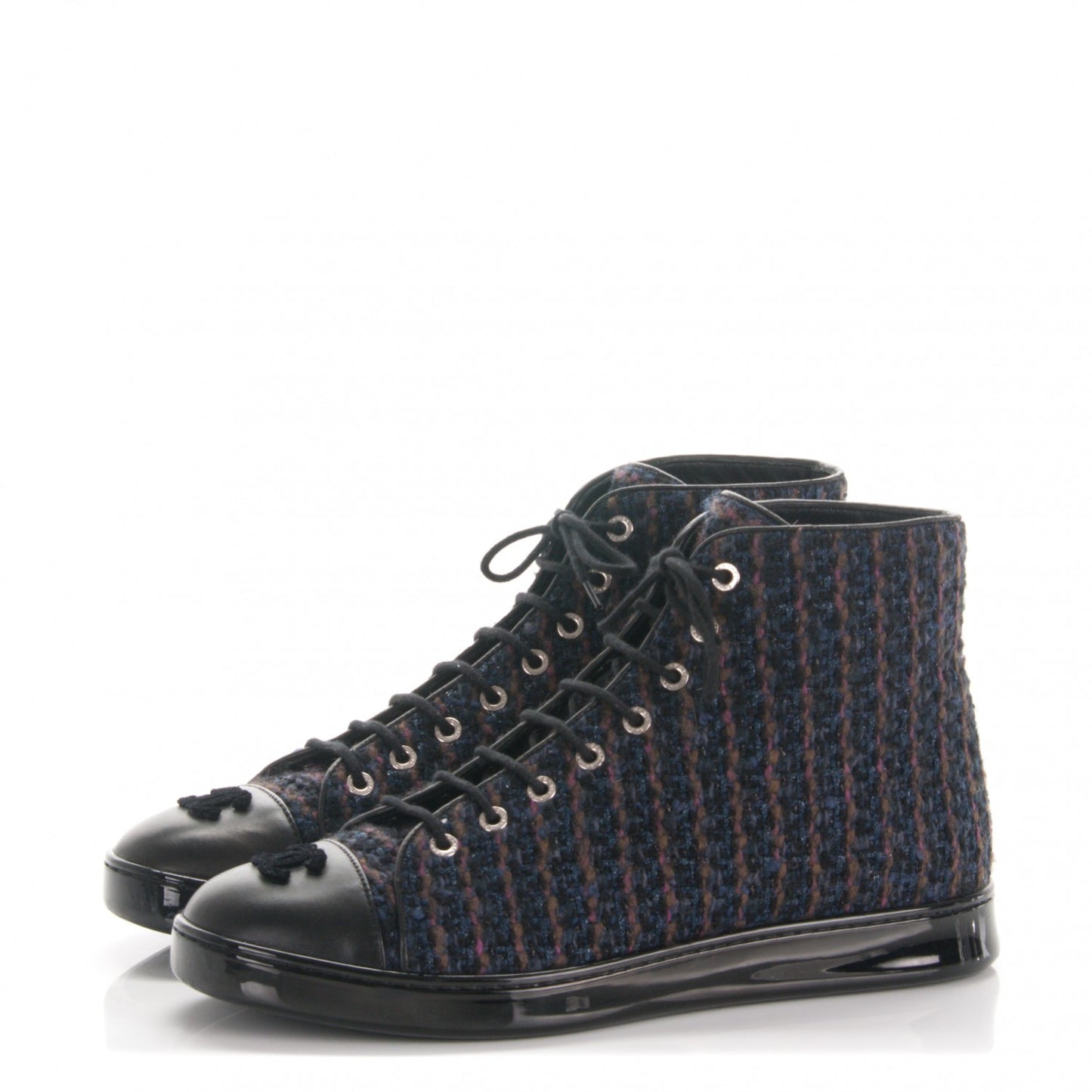 Tweed Lambskin High Top Sneakers 40 Navy Black Khaki