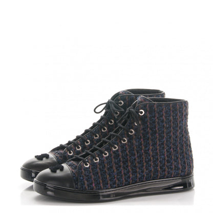 Chanel Tweed Lambskin High Top Sneakers 40 Navy Black Khaki 3 of 7