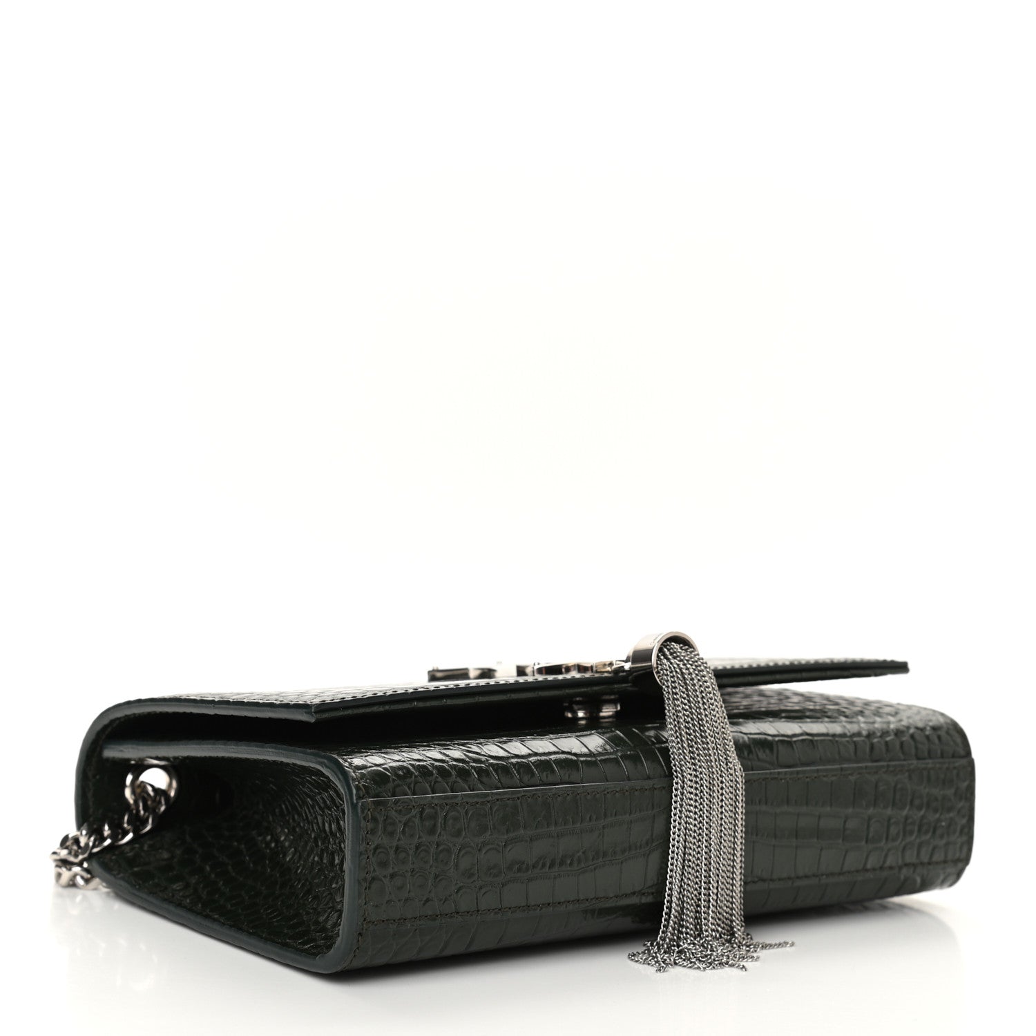 Saint Laurent Calfskin Crocodile Embossed Small Classic Monogram Kate Tassel Satchel Dark Green 3 of 8