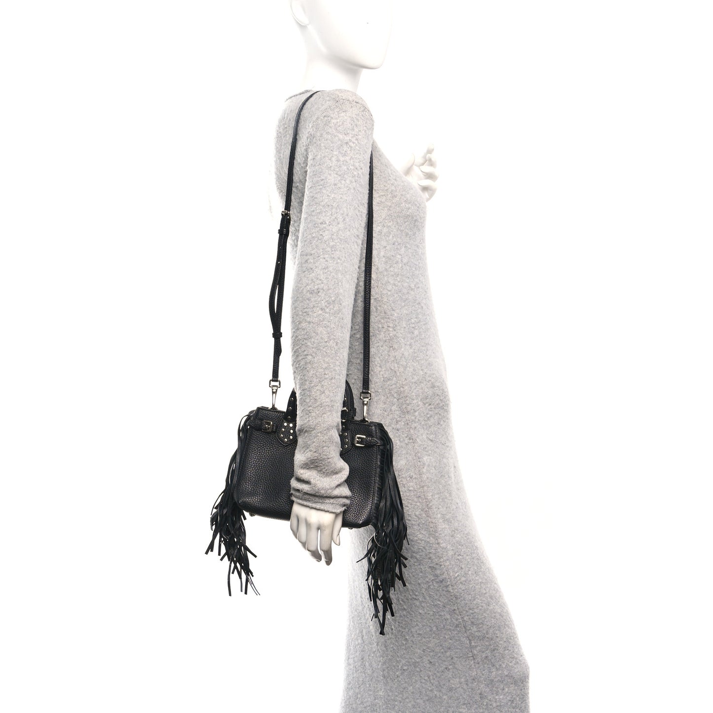 Grainy Calfskin Studded Fringe Baby Banner Tote Black
