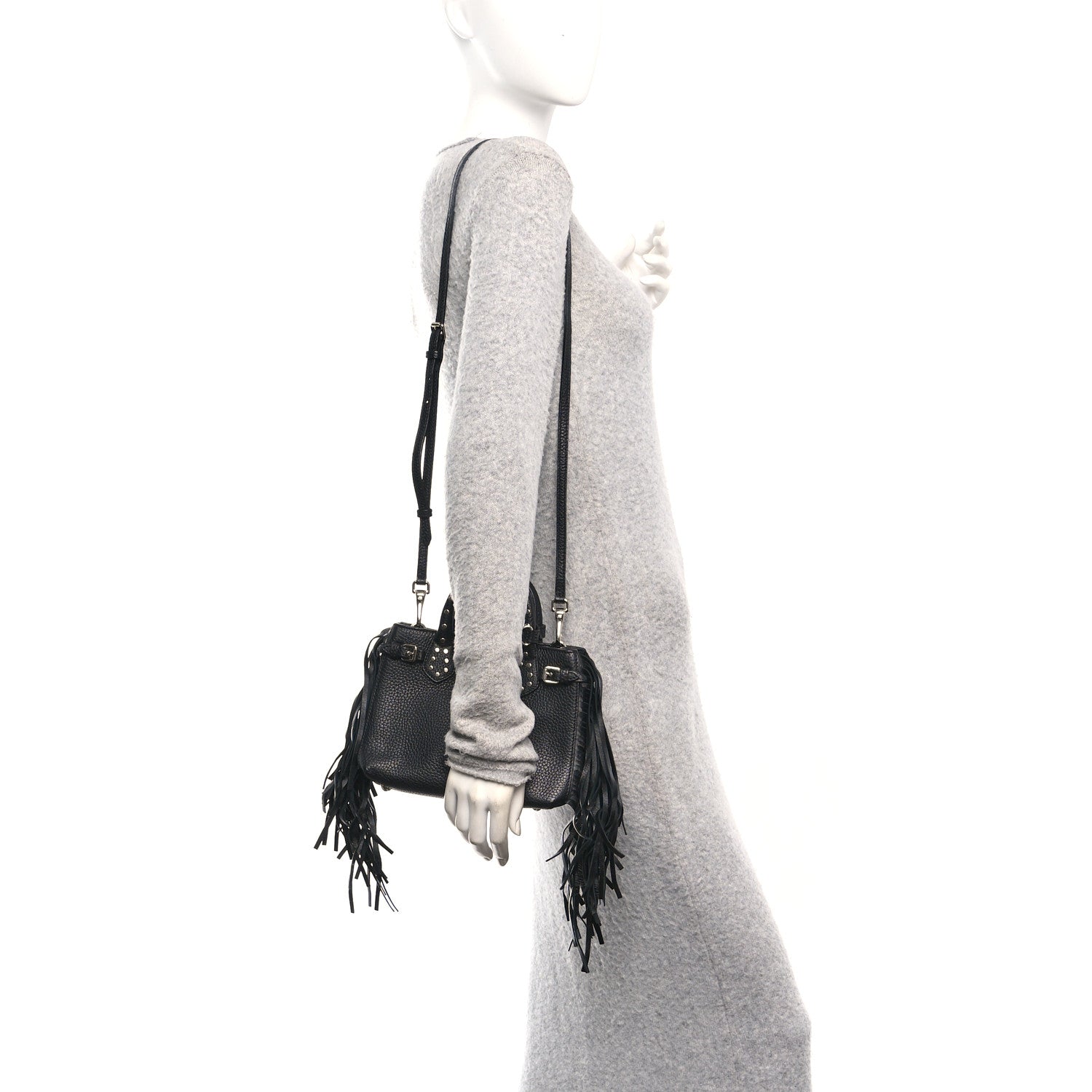 Burberry Grainy Calfskin Studded Fringe Baby Banner Tote Black 2 of 11