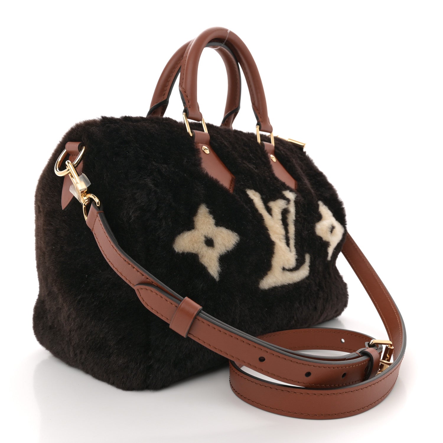 Louis Vuitton Shearling Monogram LV Ski Cozygram Speedy Bandouliere 25 Chocolate Cream 3 of 10