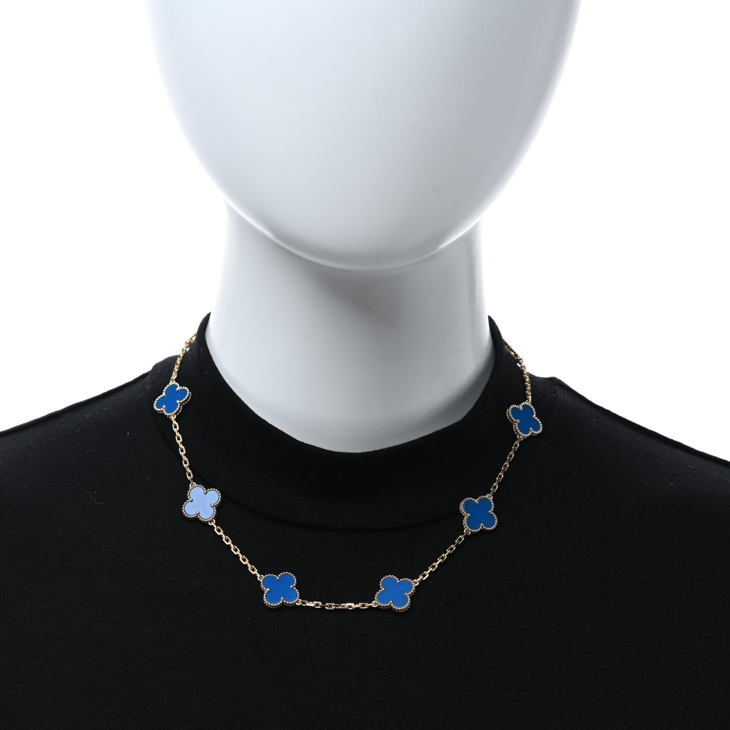 18K Yellow Gold Blue Agate 10 Motifs Vintage Alhambra Necklace