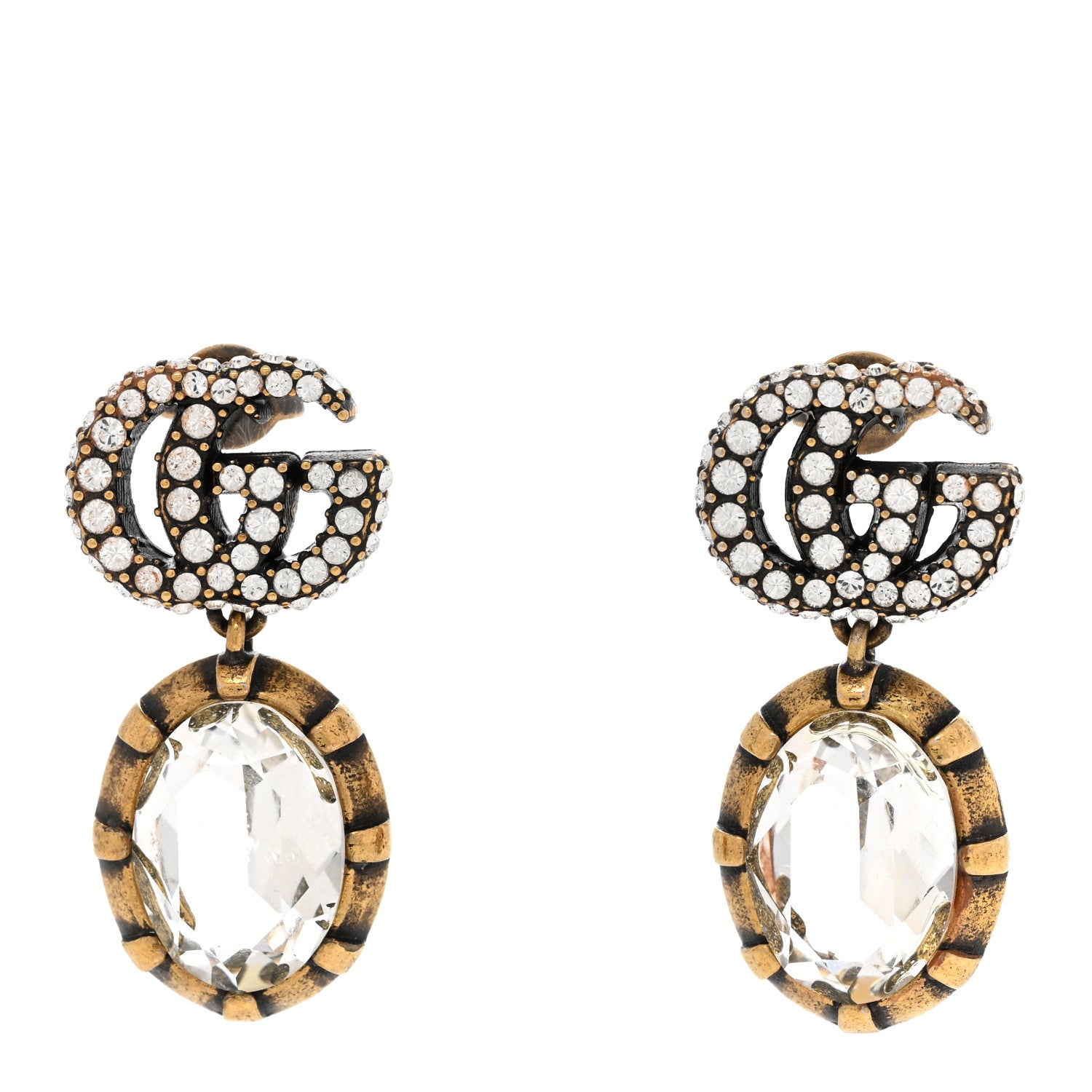 Gucci Metal Crystal Double G Drop Earrings Aged Gold 1 of 6