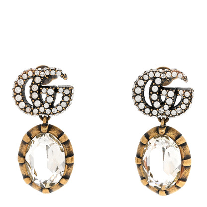 Gucci Metal Crystal Double G Drop Earrings Aged Gold 1 of 6