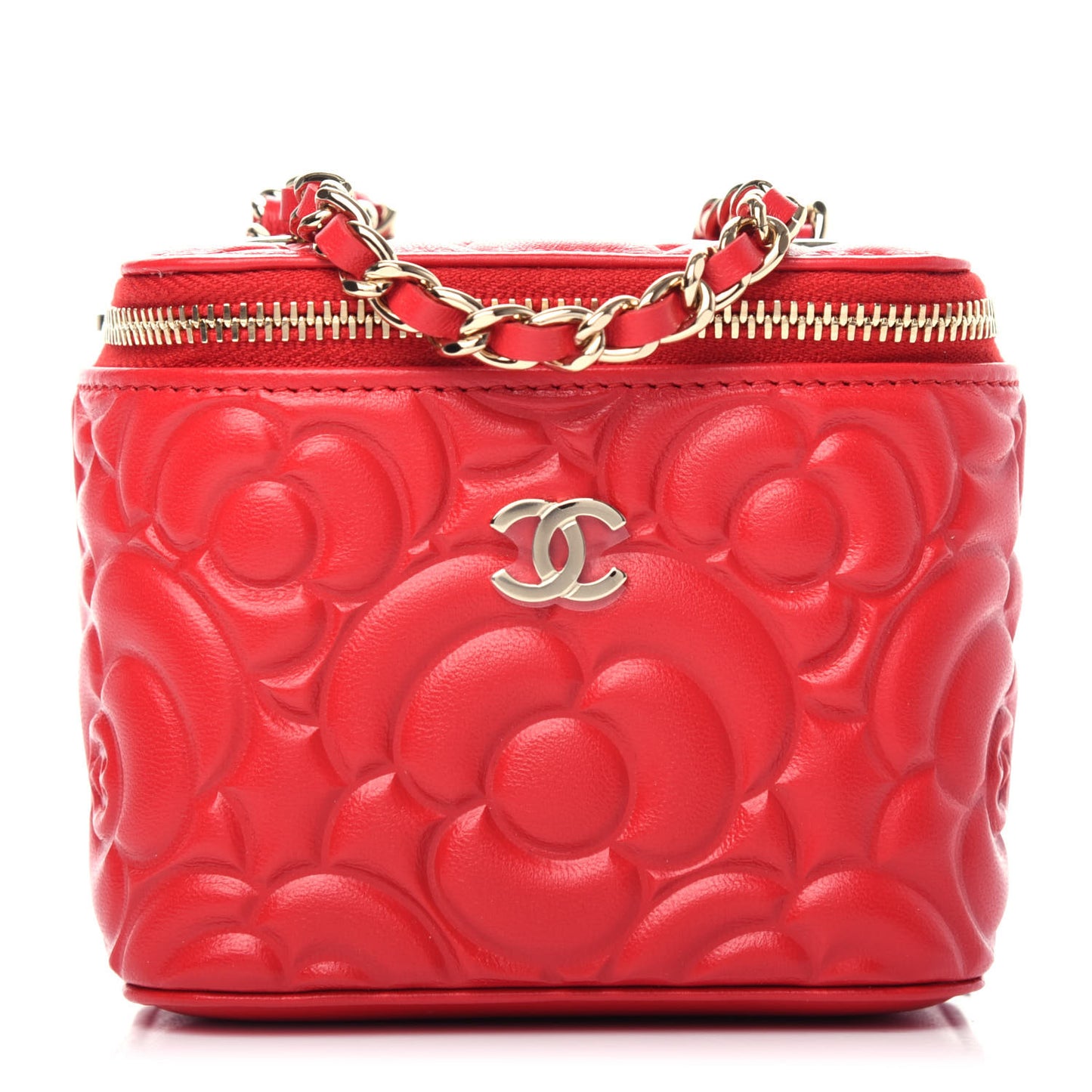 Lambskin Camellia Embossed Mini Vanity Case With Chain Red