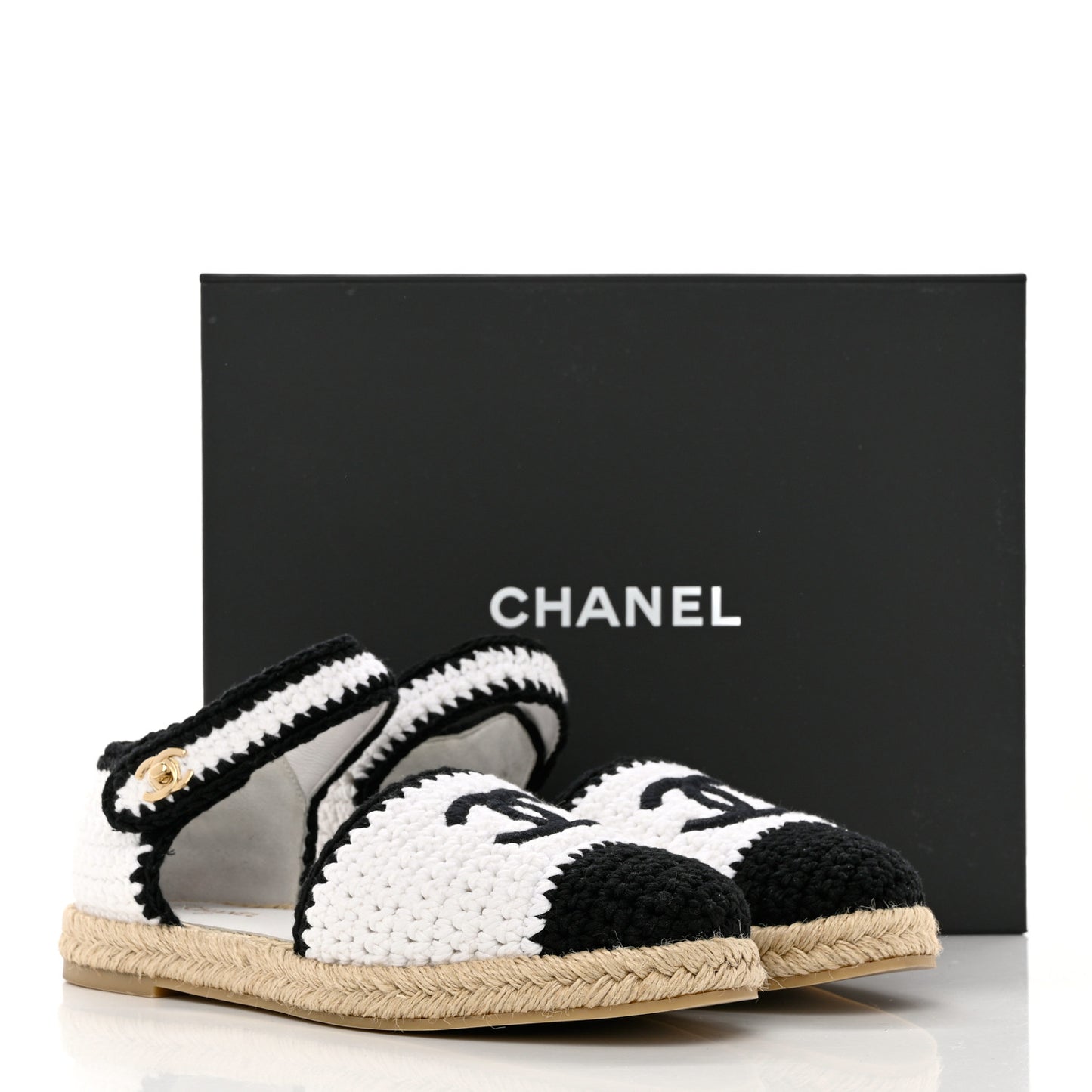 Braided Knit Cap Toe CC Ankle Strap Espadrilles 41 White Black