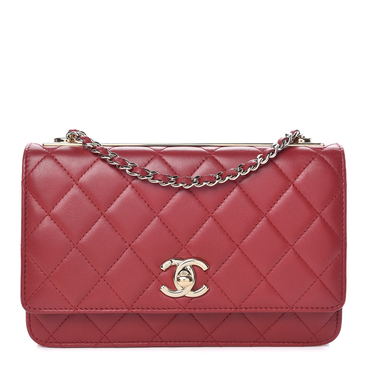 Lambskin Quilted Trendy CC Wallet On Chain WOC Dark Red
