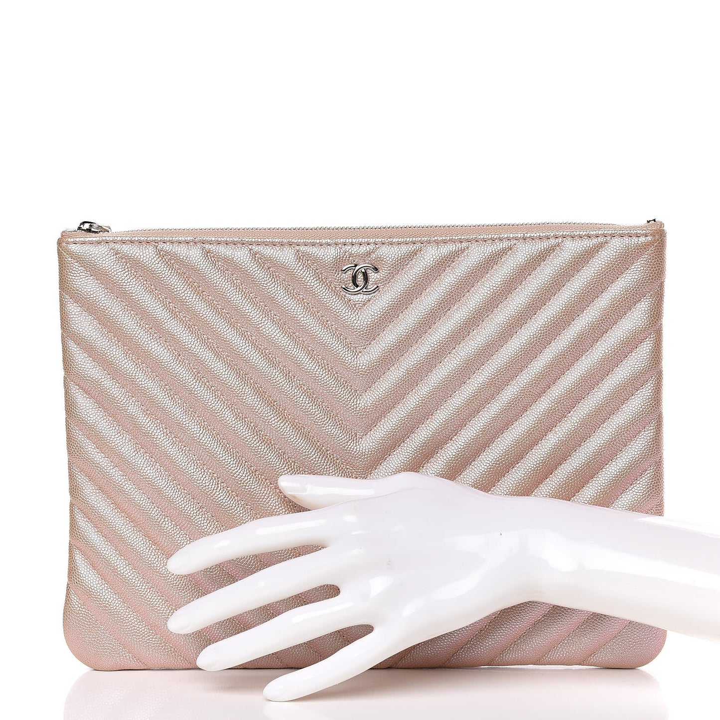 Iridescent Caviar Chevron Quilted Medium Cosmetic Case Light Gold