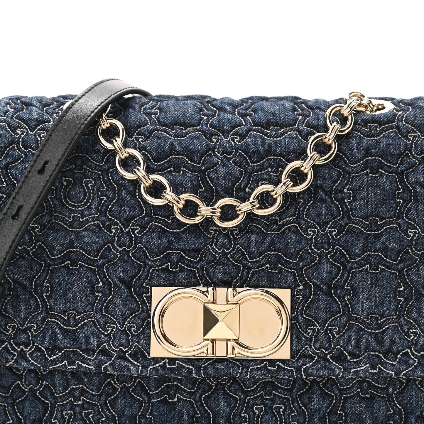Denim Quilted Gancini Small Flap Bag Blue