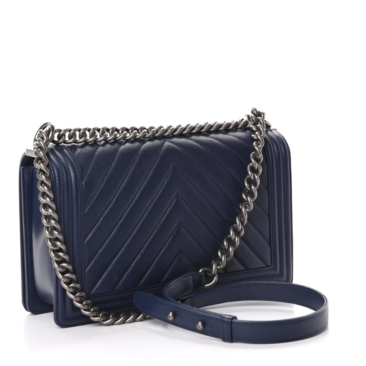 Chanel Caviar Chevron Quilted New Medium Boy Flap Dark Navy Blue 3 of 13