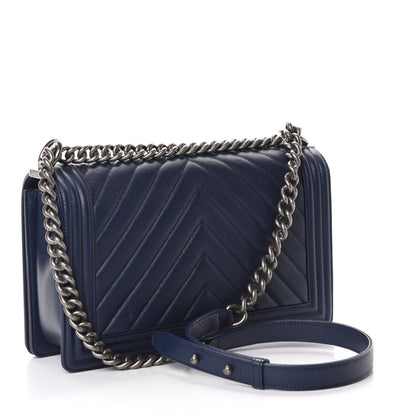 Chanel Caviar Chevron Quilted New Medium Boy Flap Dark Navy Blue 3 of 13