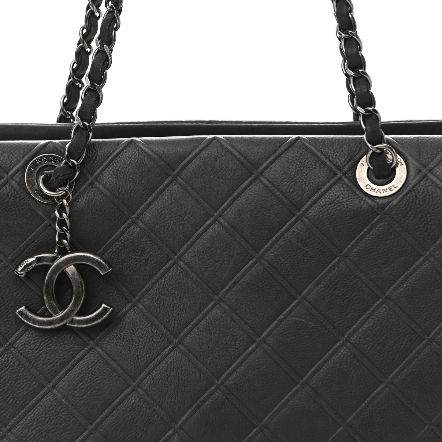 Calfskin Diamond Embossed Large CC Zip Shopping Tote Grey
