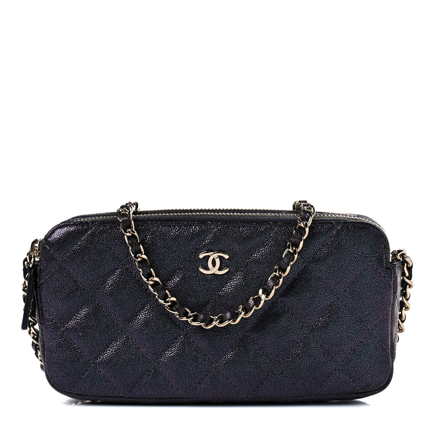 Iridescent Caviar Quilted Small Clutch With Chain Black