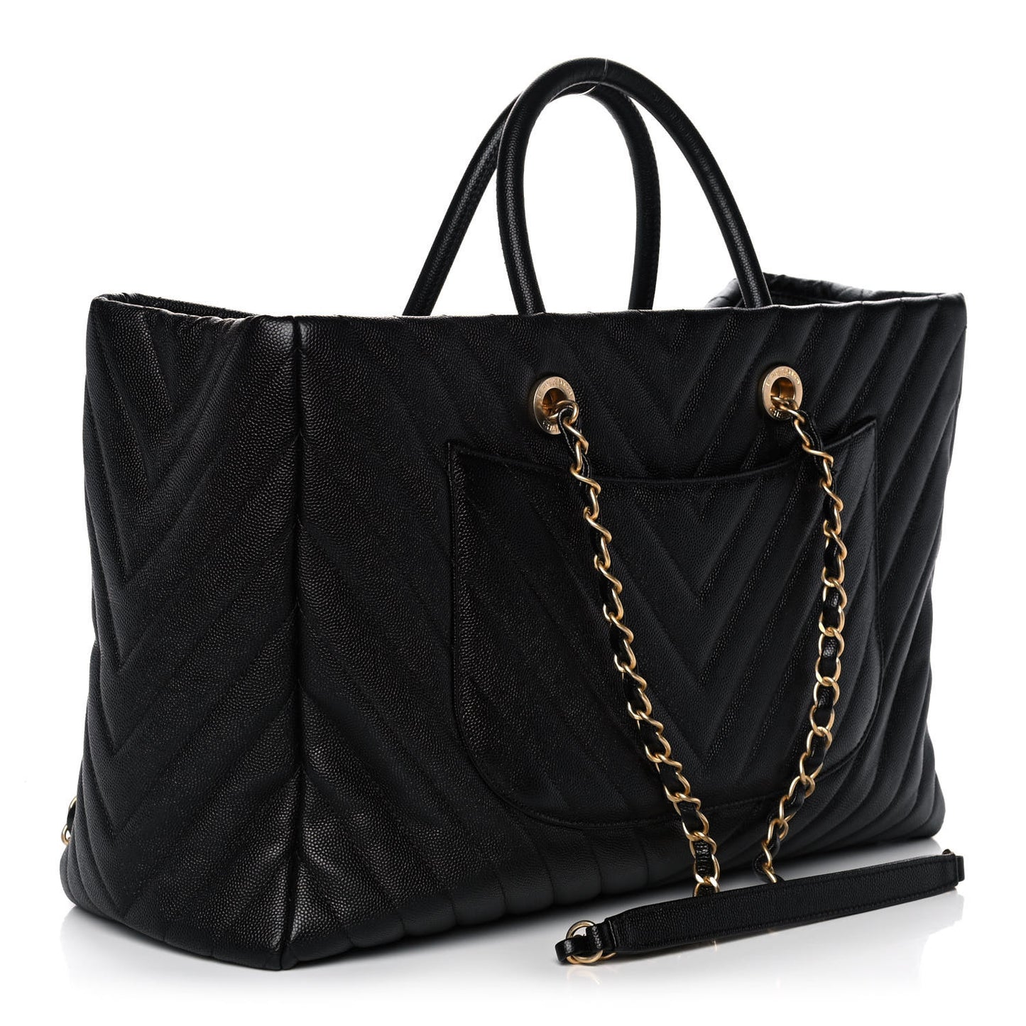 Aged Calfskin Chevron Large Coco Handle Shopping Tote Black