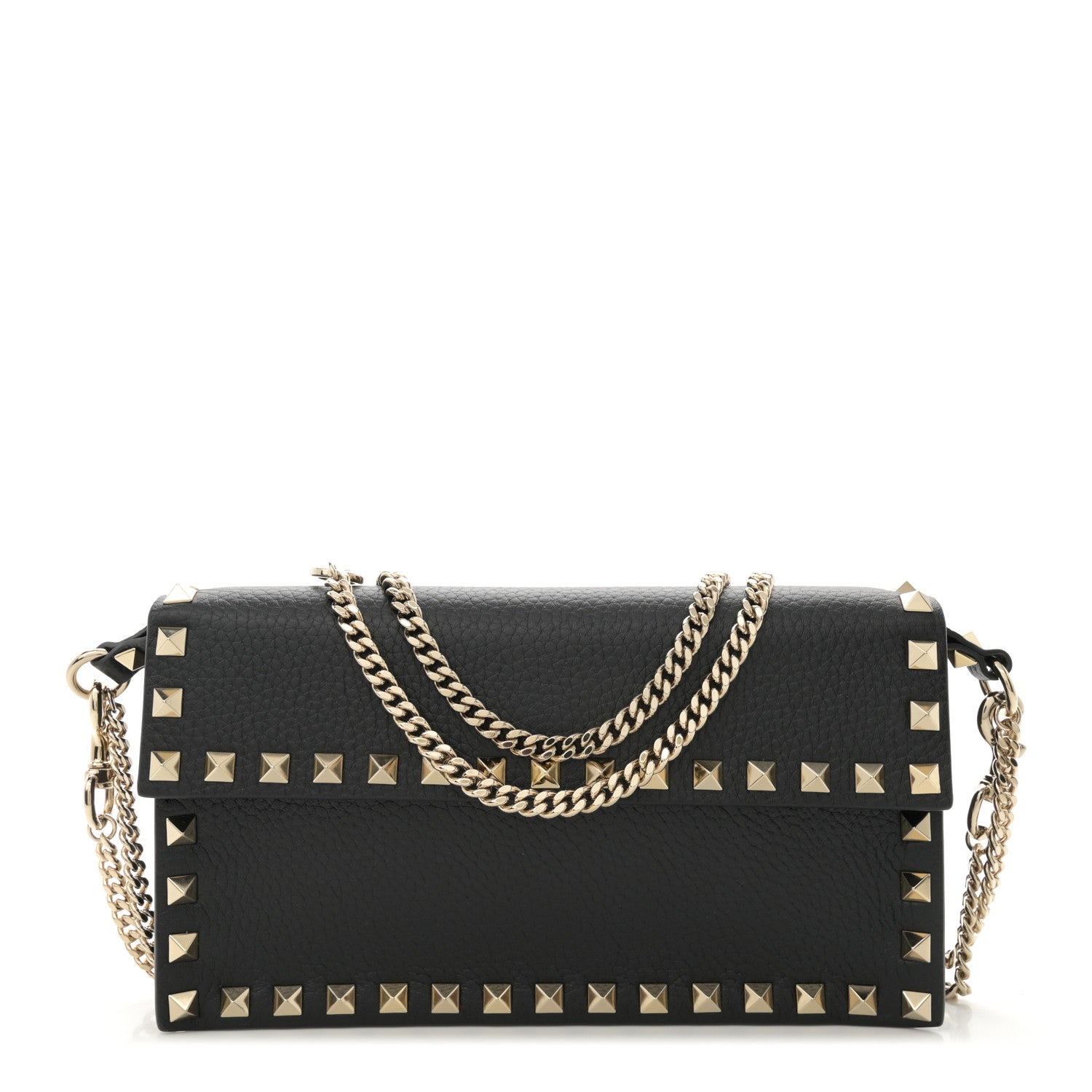 Valentino Garavani Pebbled Calfskin Rockstud Flap Wallet On Chain Black 1 of 9