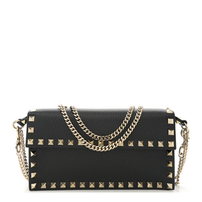 Valentino Garavani Pebbled Calfskin Rockstud Flap Wallet On Chain Black 1 of 9