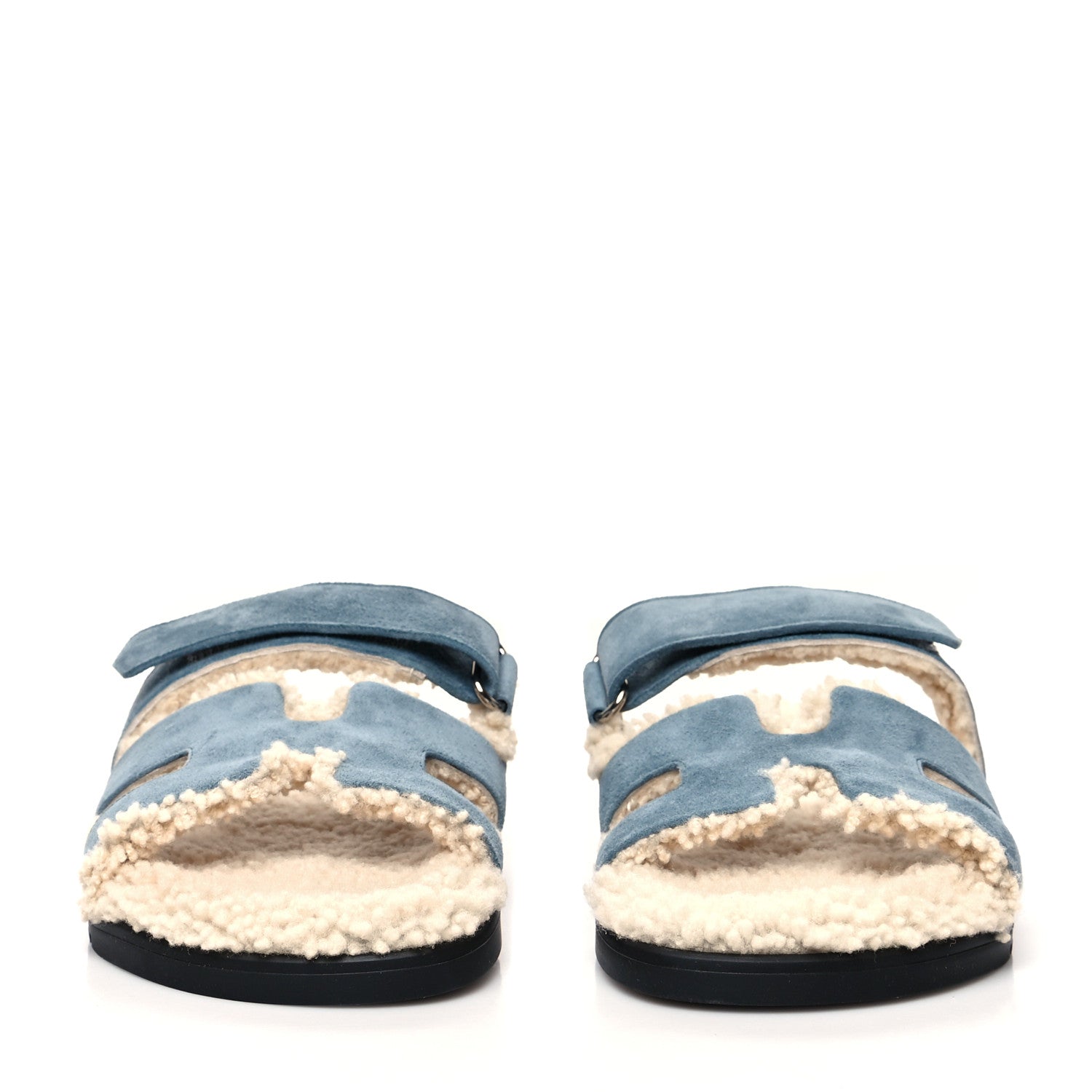 Hermes Suede Goatskin Woolskin Womens Chypre Sandals 39 Bleu Pinede Ecru 2 of 7