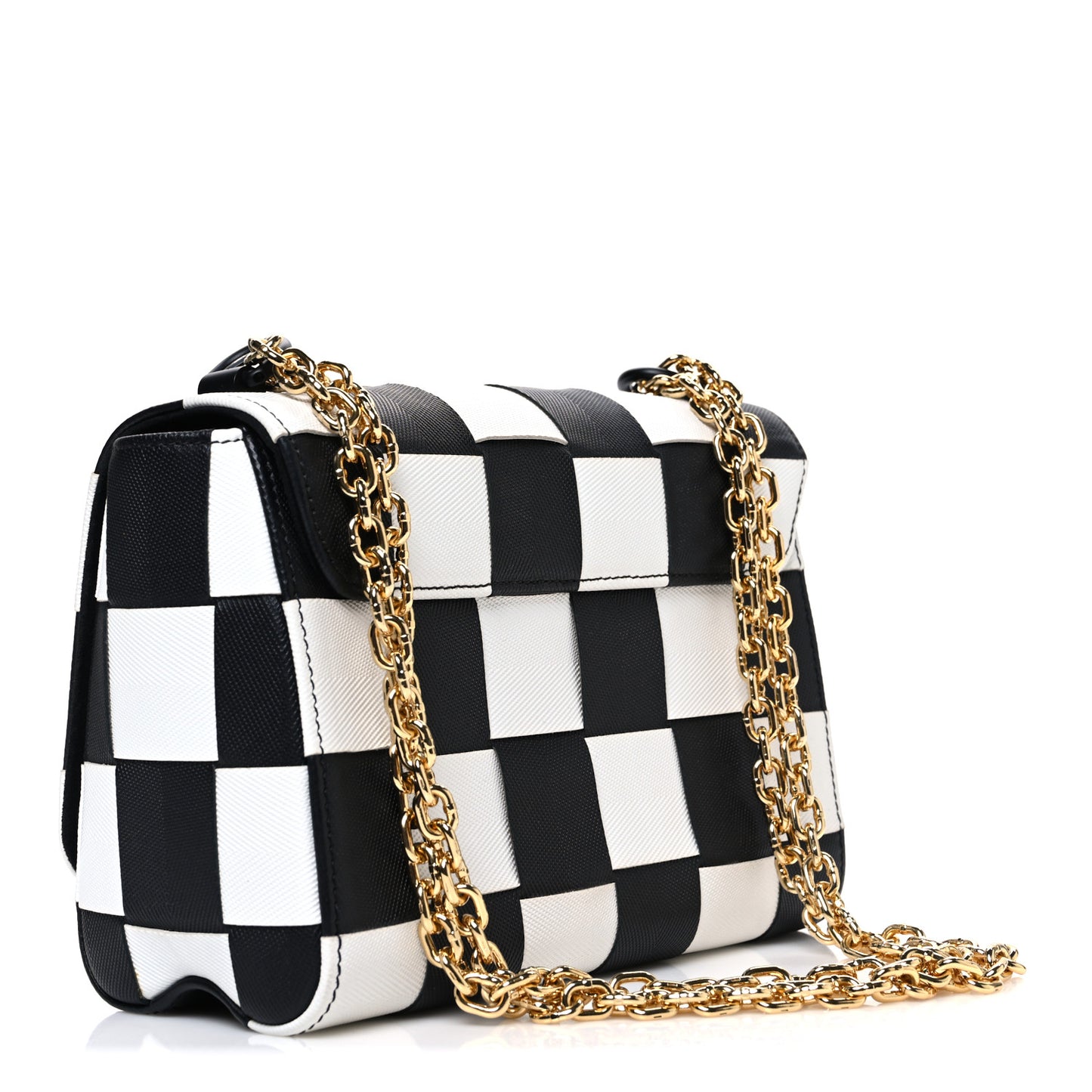 Calfskin Damier Tressage Twist Shoulder Bag MM Black White