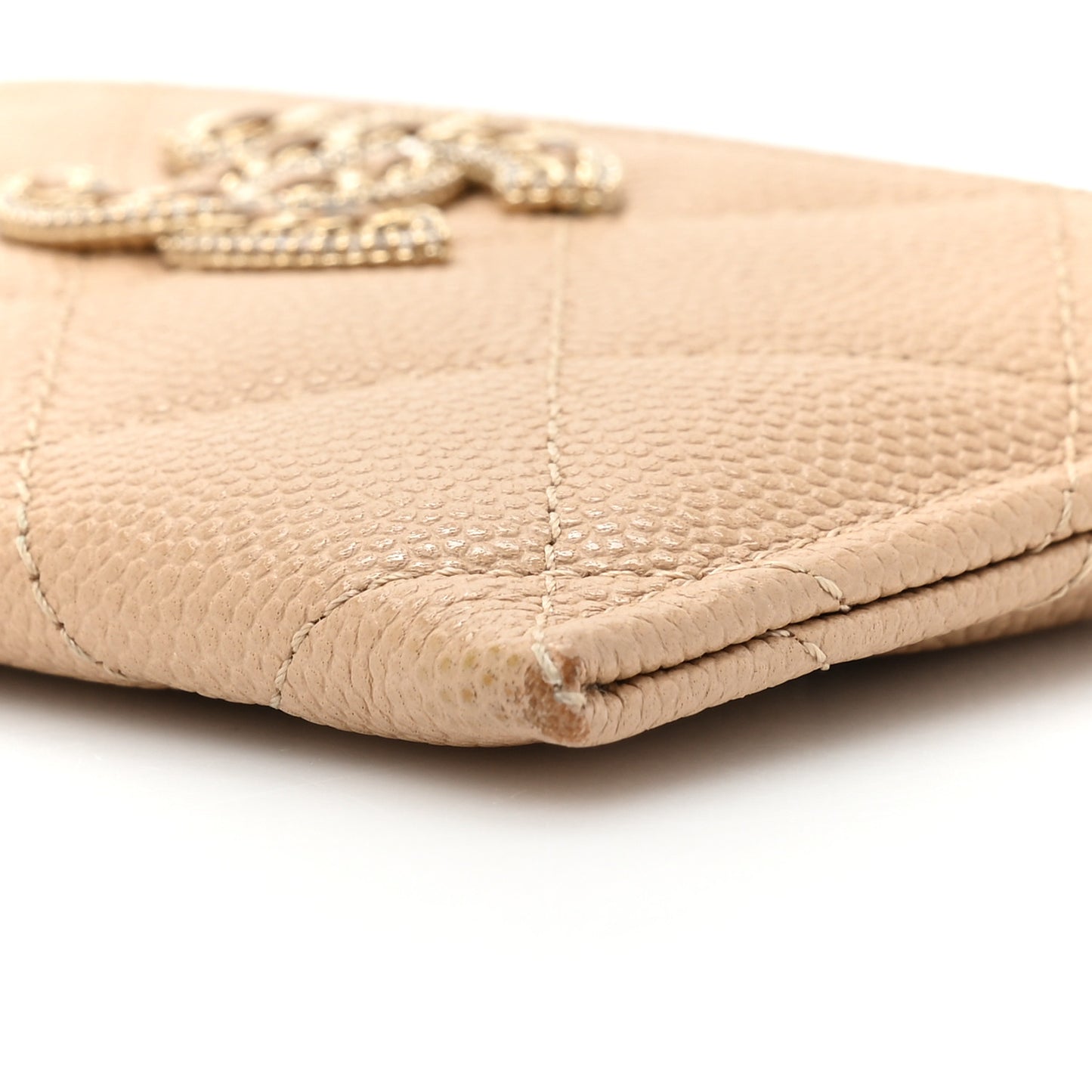 Caviar Quilted Crystal Card Holder Beige