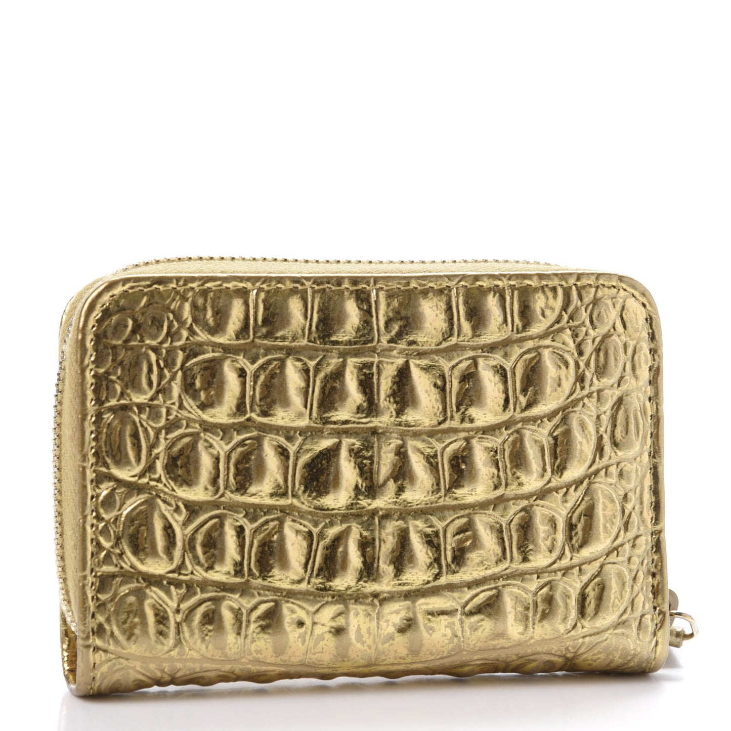Metallic Calfskin Crocodile Embossed Cocodile Zip Coin Case Gold