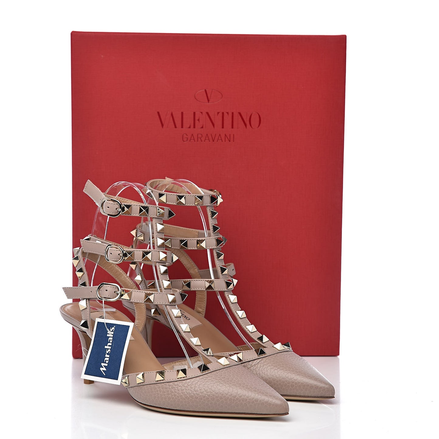 Pebbled Calfskin Rockstud Ankle Strap 65mm Pumps 36 Poudre