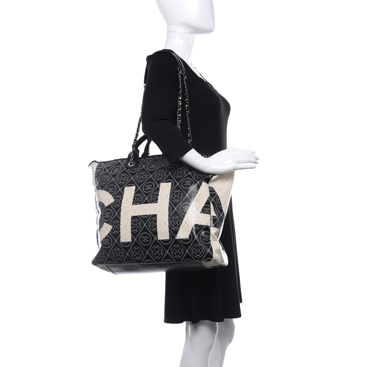 Coated Canvas Camellia Medium Shopping Tote Black Beige