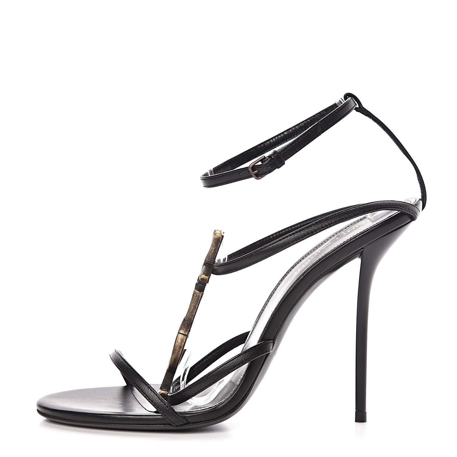 Saint Laurent Sheepskin Cassandra Bamboo Logo 110 Ankle Strap Sandals 40 Black 1 of 8