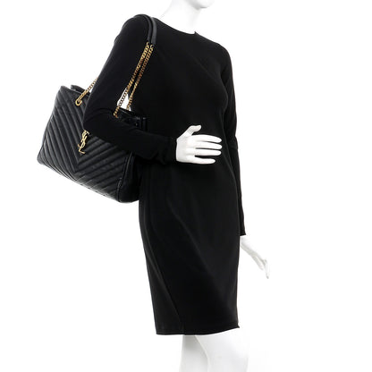 Saint Laurent Lambskin Matelasse Chevron Monogram Shopping Bag Black 2 of 9