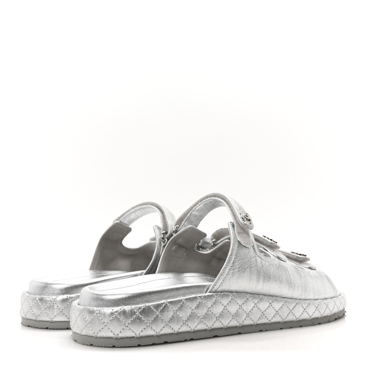 Chanel Laminated Lambskin Quilted Velcro Crystal CC Dad Slide Sandals 40 Silver 10 of 18