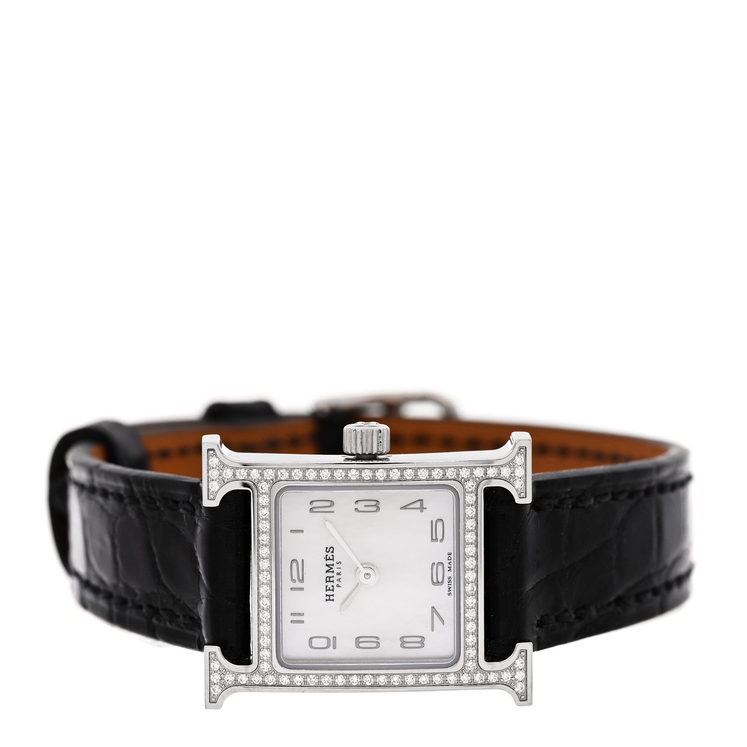 Hermes Stainless Steel Alligator Diamond Bezel Mother of Pearl 17.2mm Heure H Hour Quartz Watch Noir 2 of 5