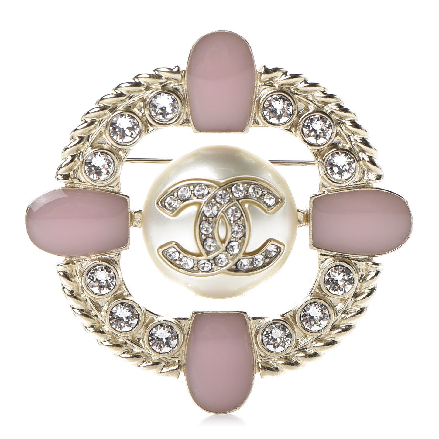 Pearl Crystal CC Brooch Gold