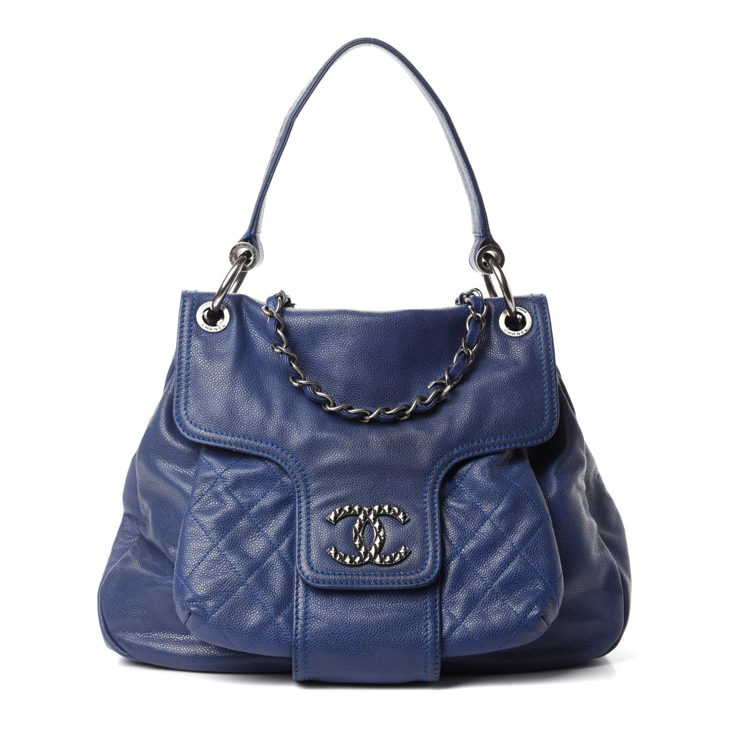Glazed Caviar Flap Hobo Dark Blue