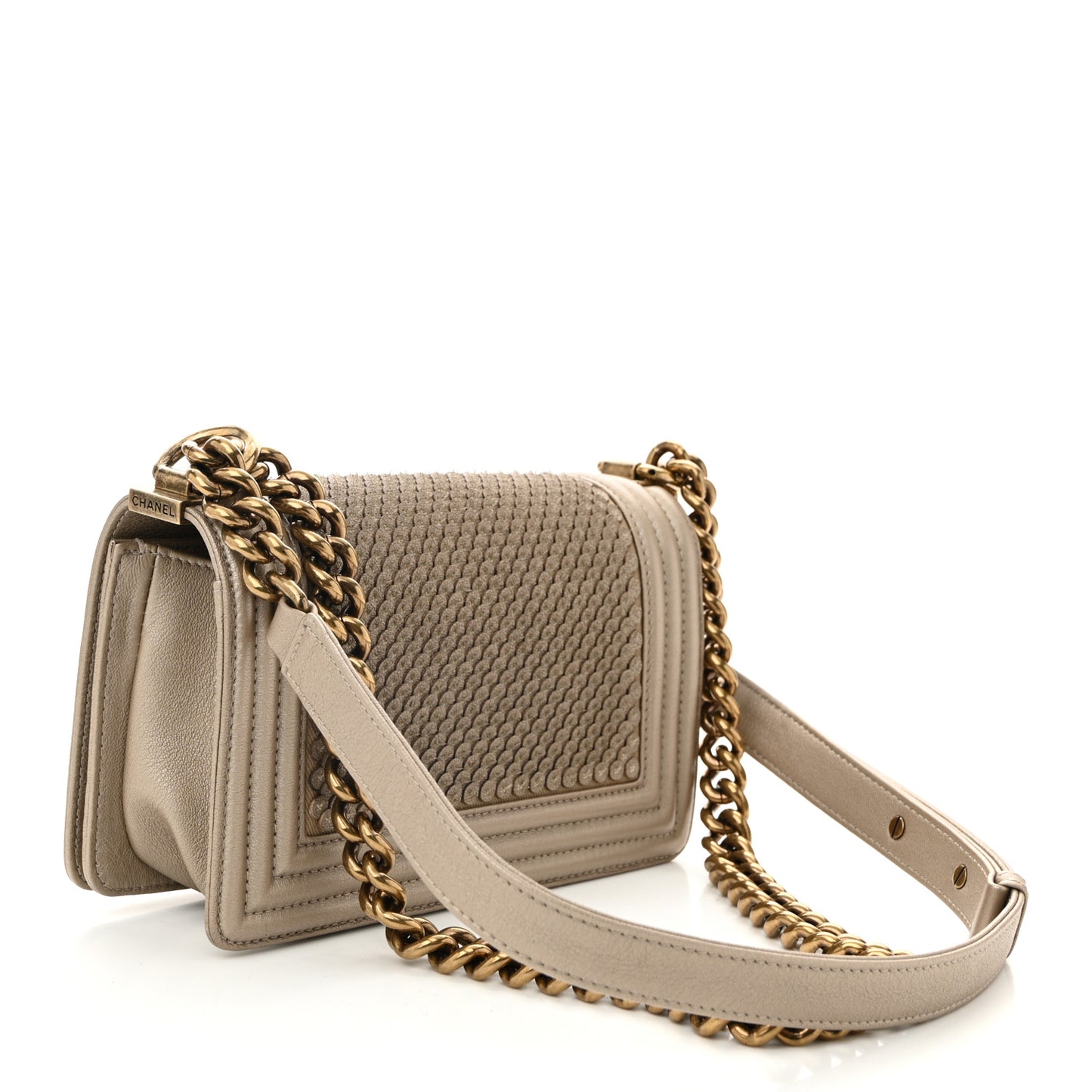 Metallic Lambskin Small Scaled Boy Flap Beige