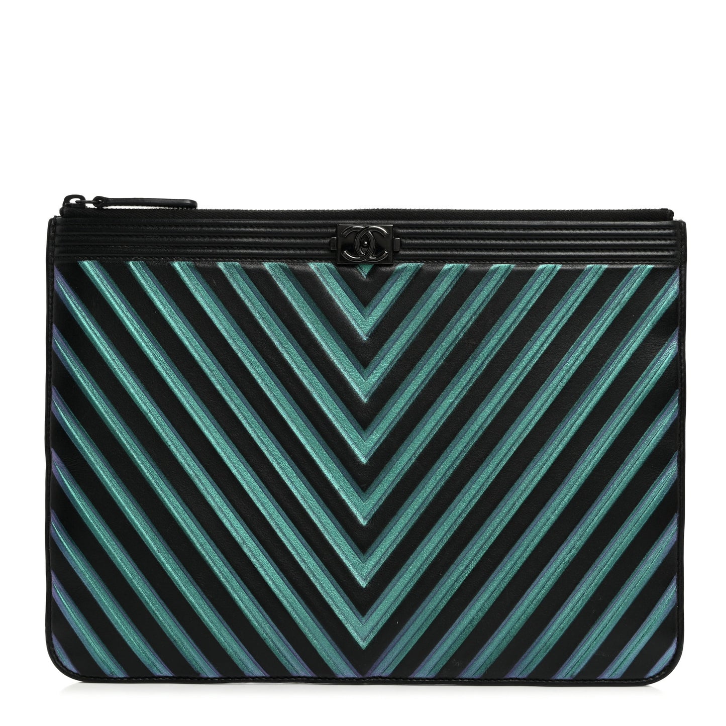 Calfskin Painted Chevron Embossed Large Boy Zip Pouch Black