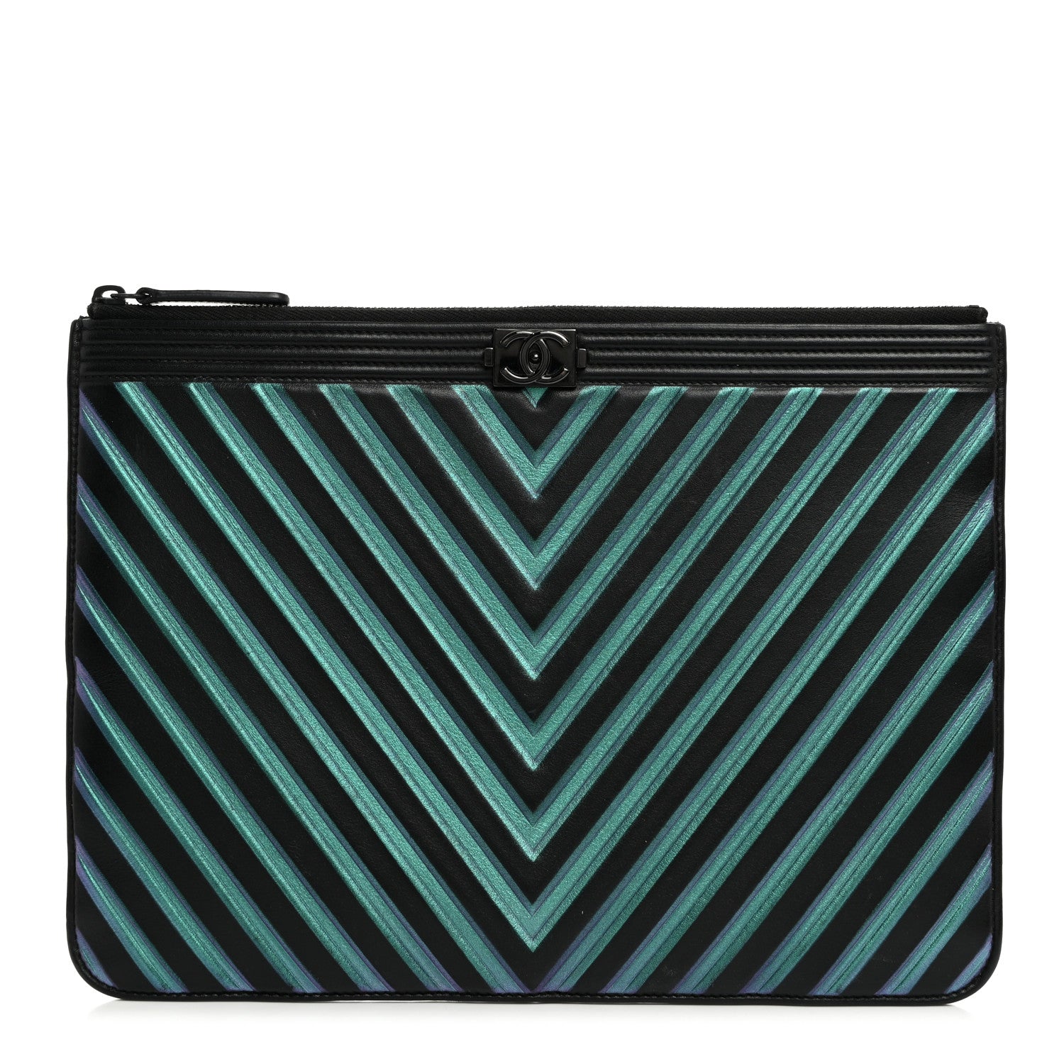 Chanel Calfskin Painted Chevron Embossed Large Boy Zip Pouch Black 1 of 7