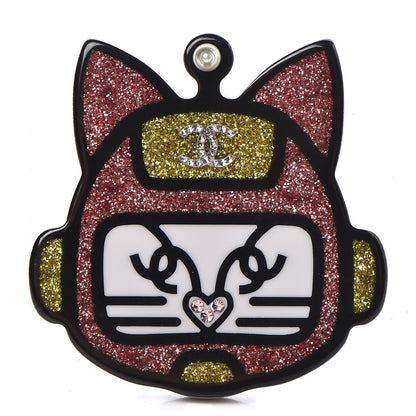 Chanel Resin Crystal Cat Emoji Brooch Black Pink Yellow 1 of 5