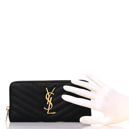 Saint Laurent Grain De Poudre Matelasse Chevron Monogram Zip Around Wallet Black 2 of 7