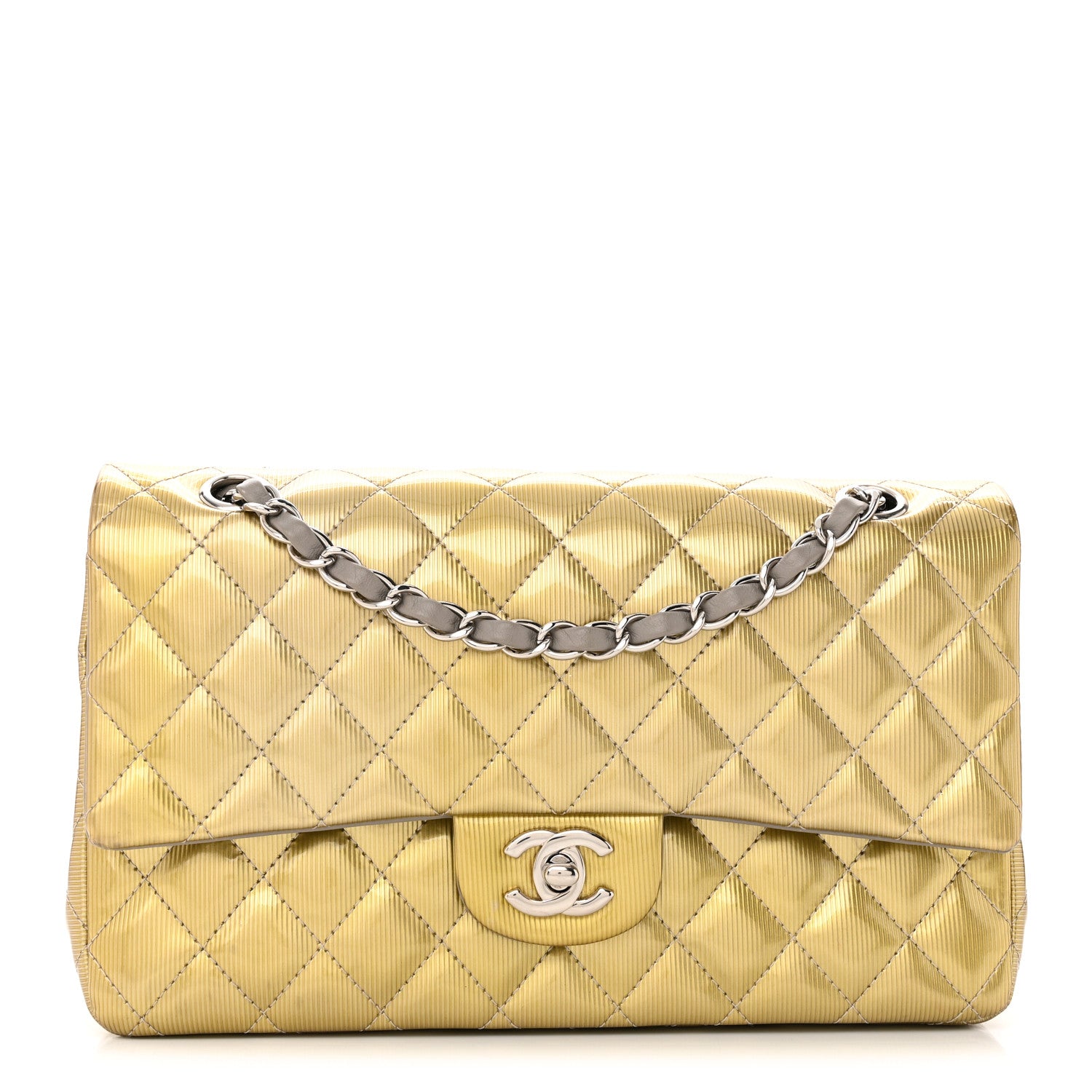 Chanel Striated Patent Quilted Medium Double Flap Gold 1 of 14
