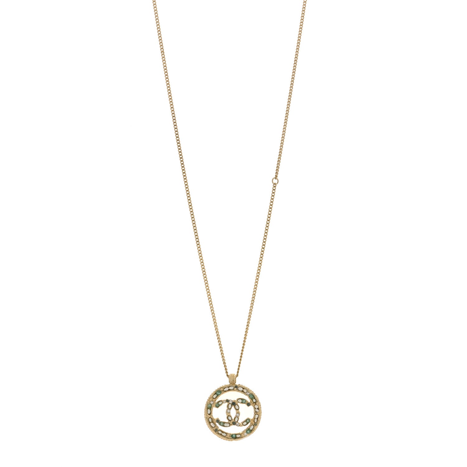 Chanel Metal Crystal Pearl Beaded CC Round Pendant Necklace Gold Green Pearly White 1 of 4