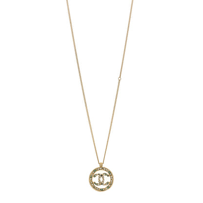 Chanel Metal Crystal Pearl Beaded CC Round Pendant Necklace Gold Green Pearly White 1 of 4